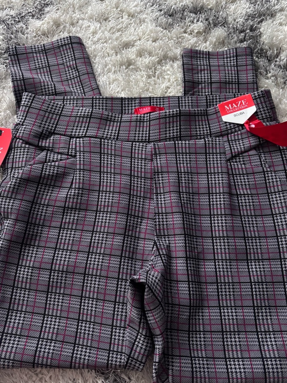 MAZE Gray Plaid Scuba Pants with Pink Windowpane - Picture 2 of 6